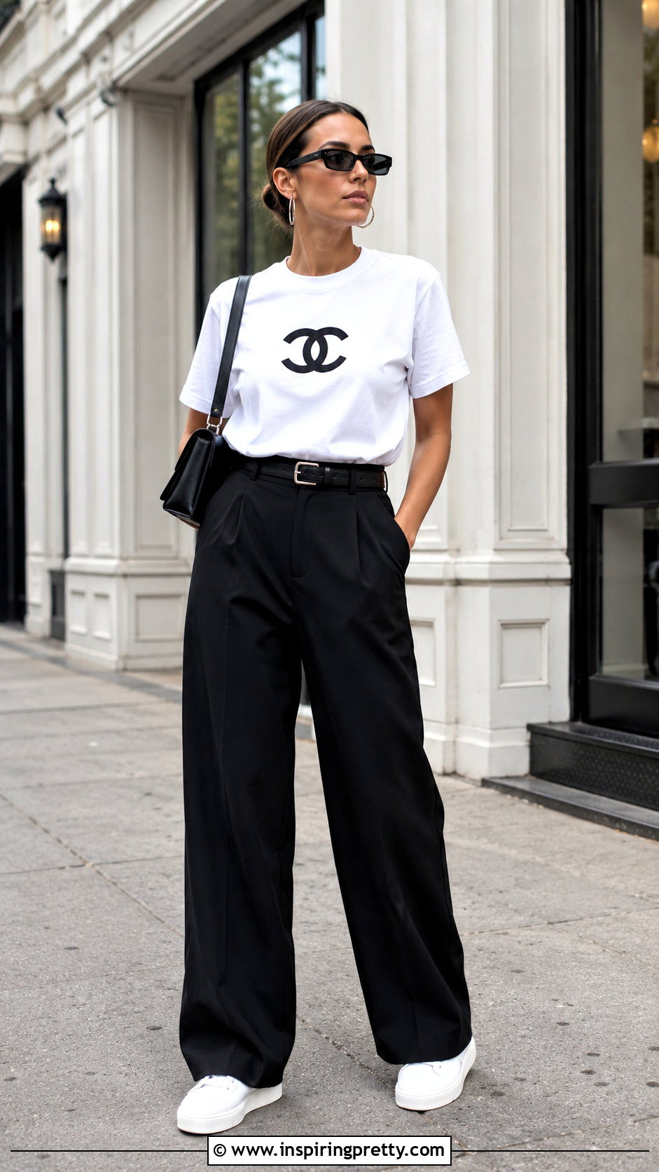 Black And White Designer Logo T Shirt With Wide Leg Pants - 20 Black And White Designer Tops outfit ideas