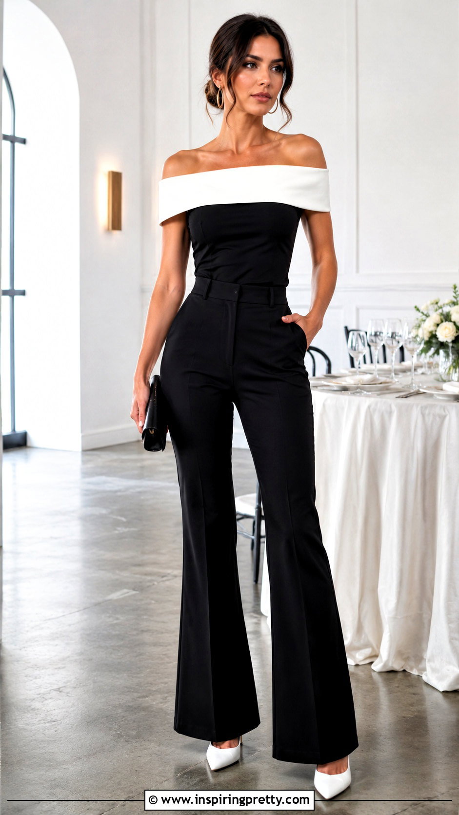 Black And White Designer Off Shoulder Top With Flared Pants - 20 Black And White Designer Tops outfit ideas