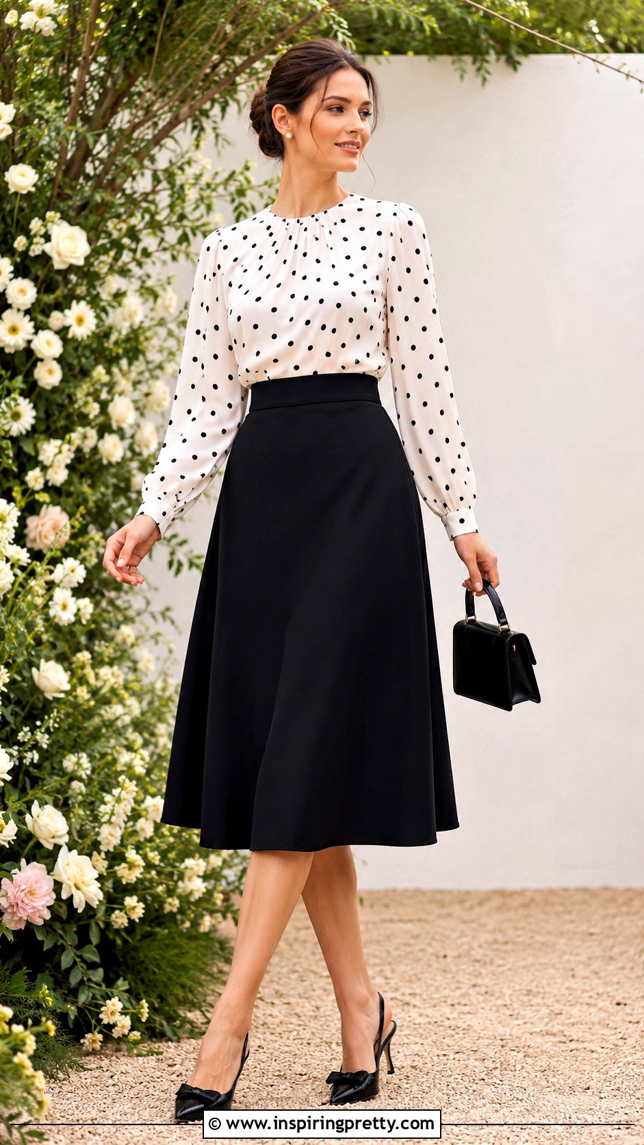 Black And White Designer Polka Dot Blouse With Midi Skirt - 20 Black And White Designer Tops outfit ideas