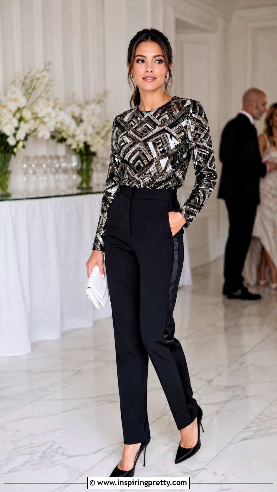 Black And White Designer Sequin Top With Tuxedo Pants - 20 Black And White Designer Tops outfit ideas