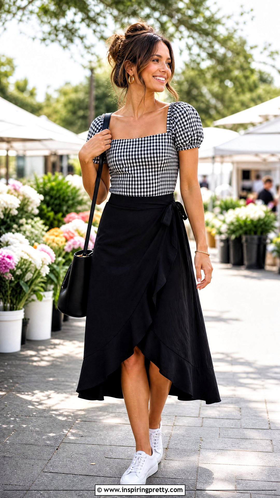 Black And White Gingham Top And Black Wrap Skirt Set - 20 Black And White Skirt And Top Set outfit ideas