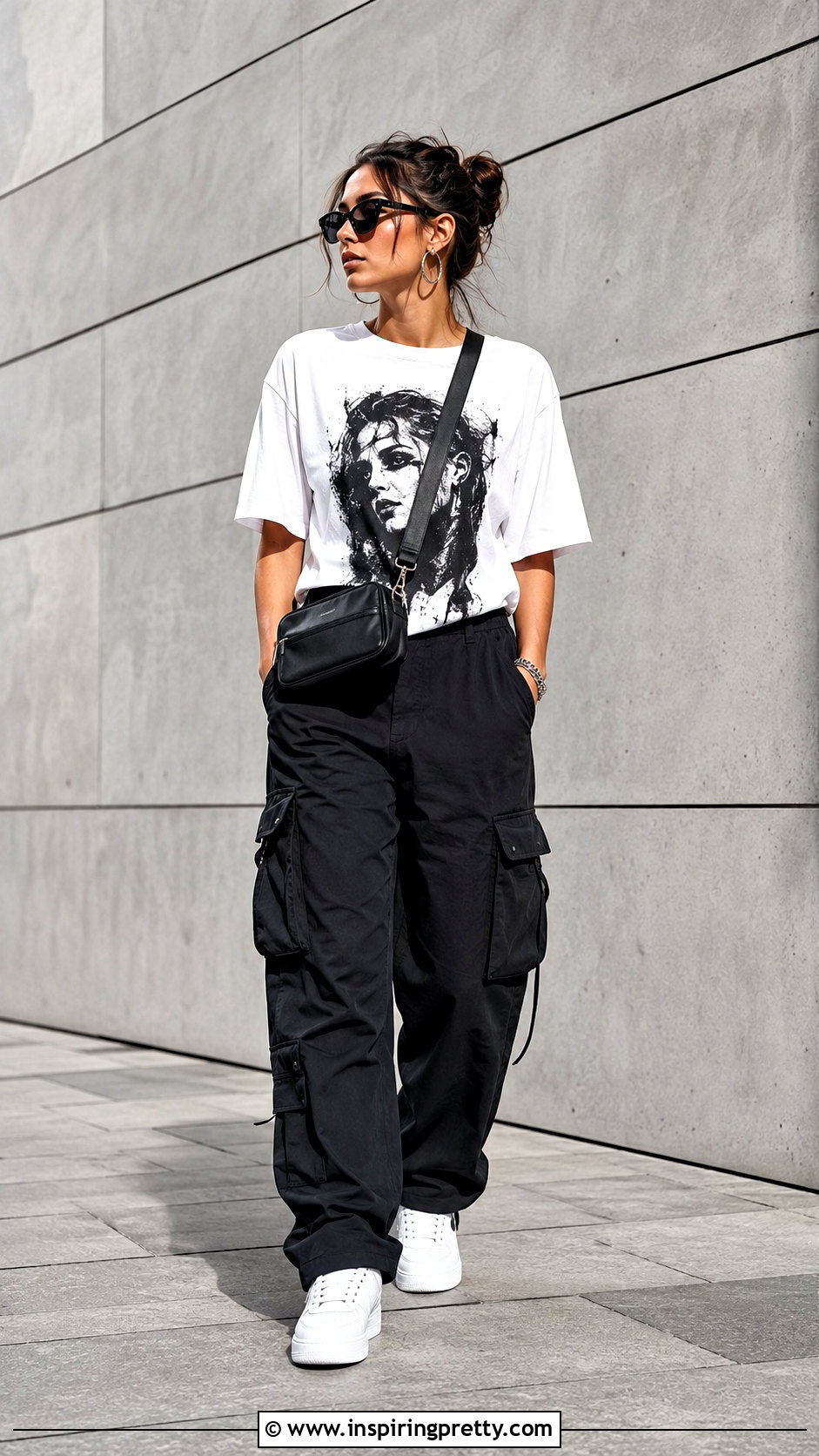 Black And White Graphic Tee With Black Cargo Pants - 50 black and white top outfit ideas