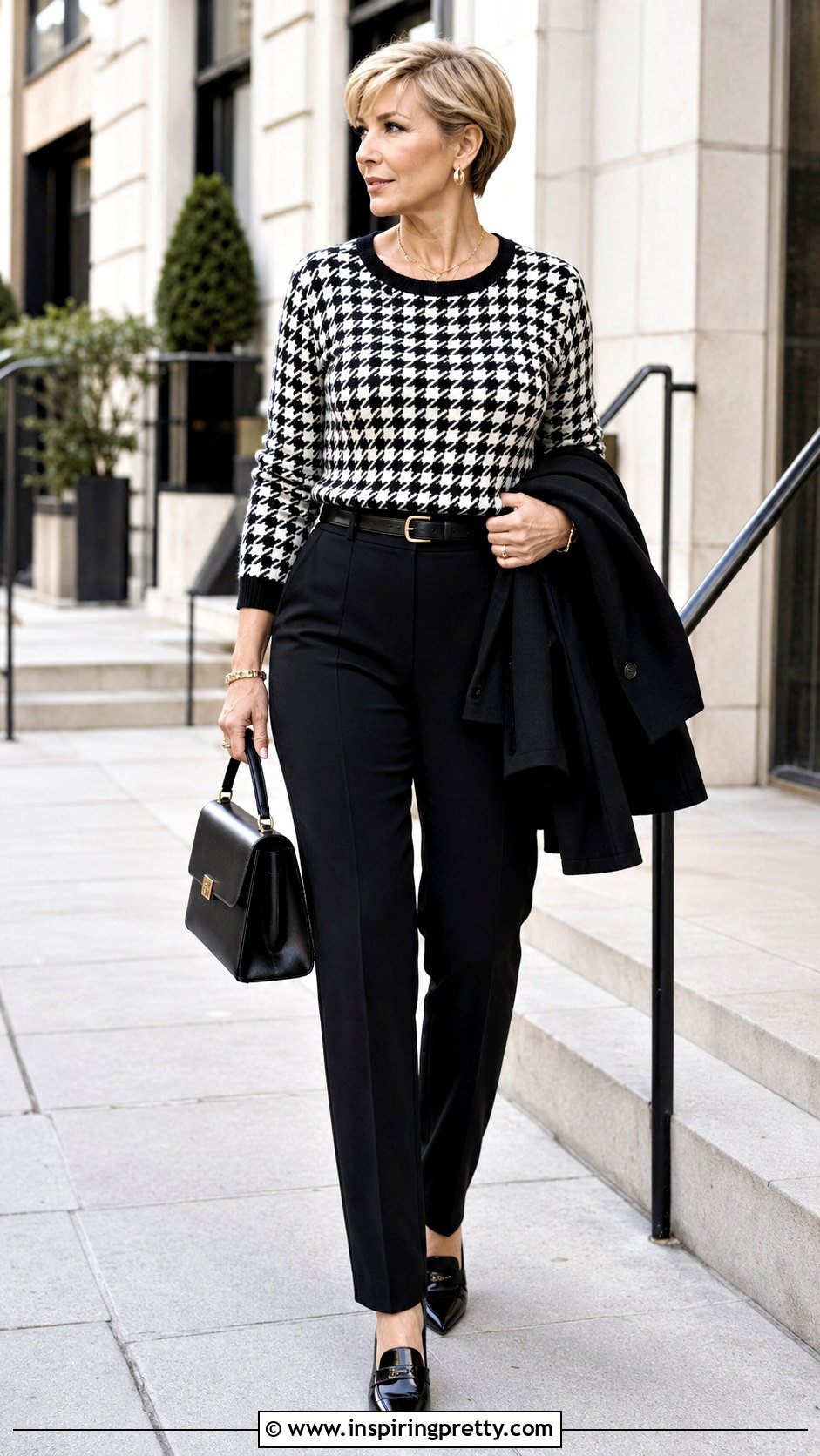 Black And White Houndstooth Top With Black Trousers - 50 black and white top outfit ideas