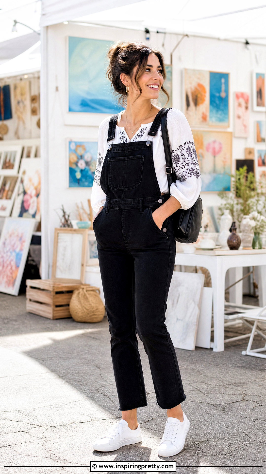 Black And White Peasant Top With Black Denim Overalls - 20 Black And White Peasant Top outfit ideas