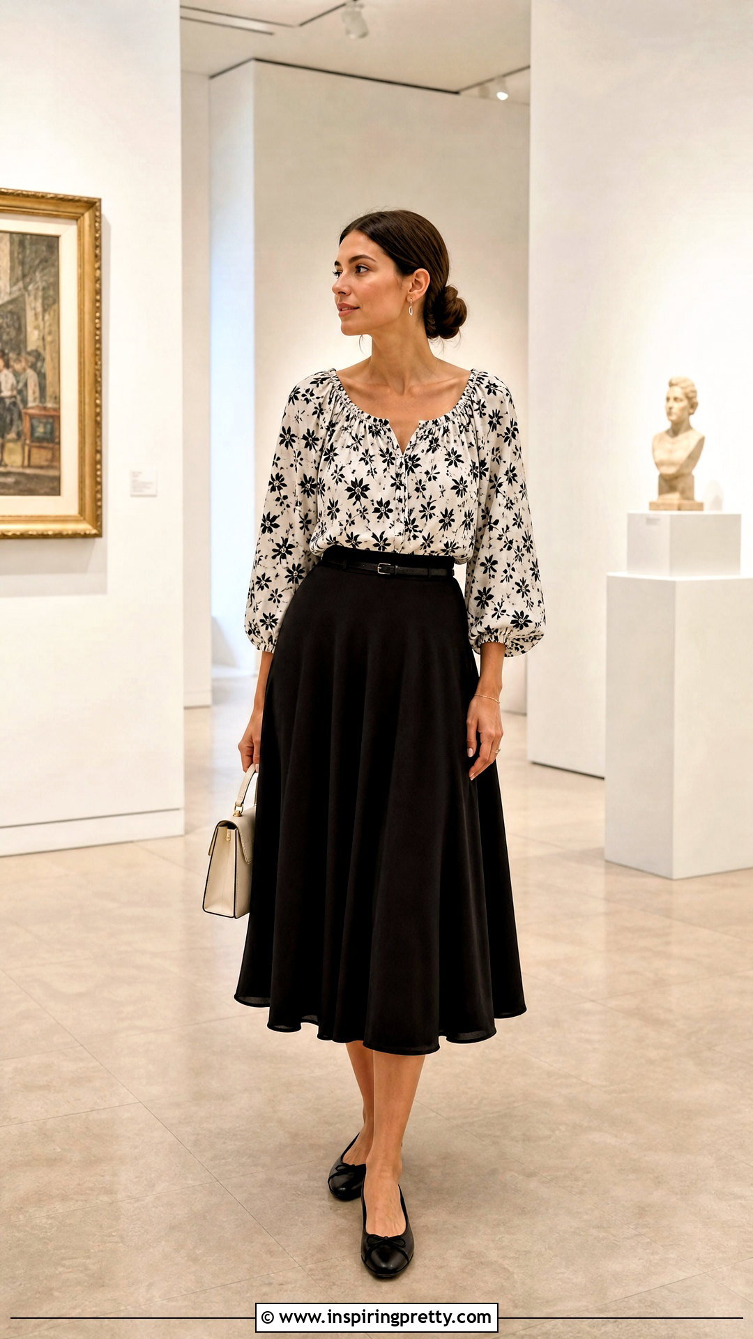 Black And White Peasant Top With Black Midi Skirt - 20 Black And White Peasant Top outfit ideas
