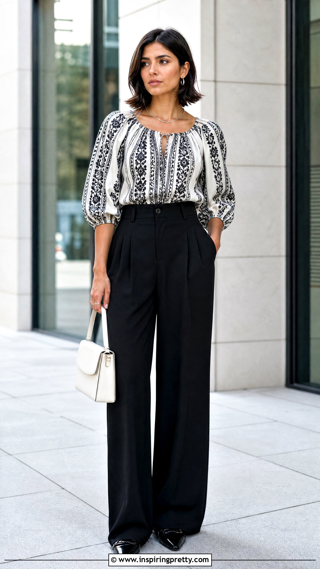 Black And White Peasant Top With Black Wide Leg Trousers - 20 Black And White Peasant Top outfit ideas