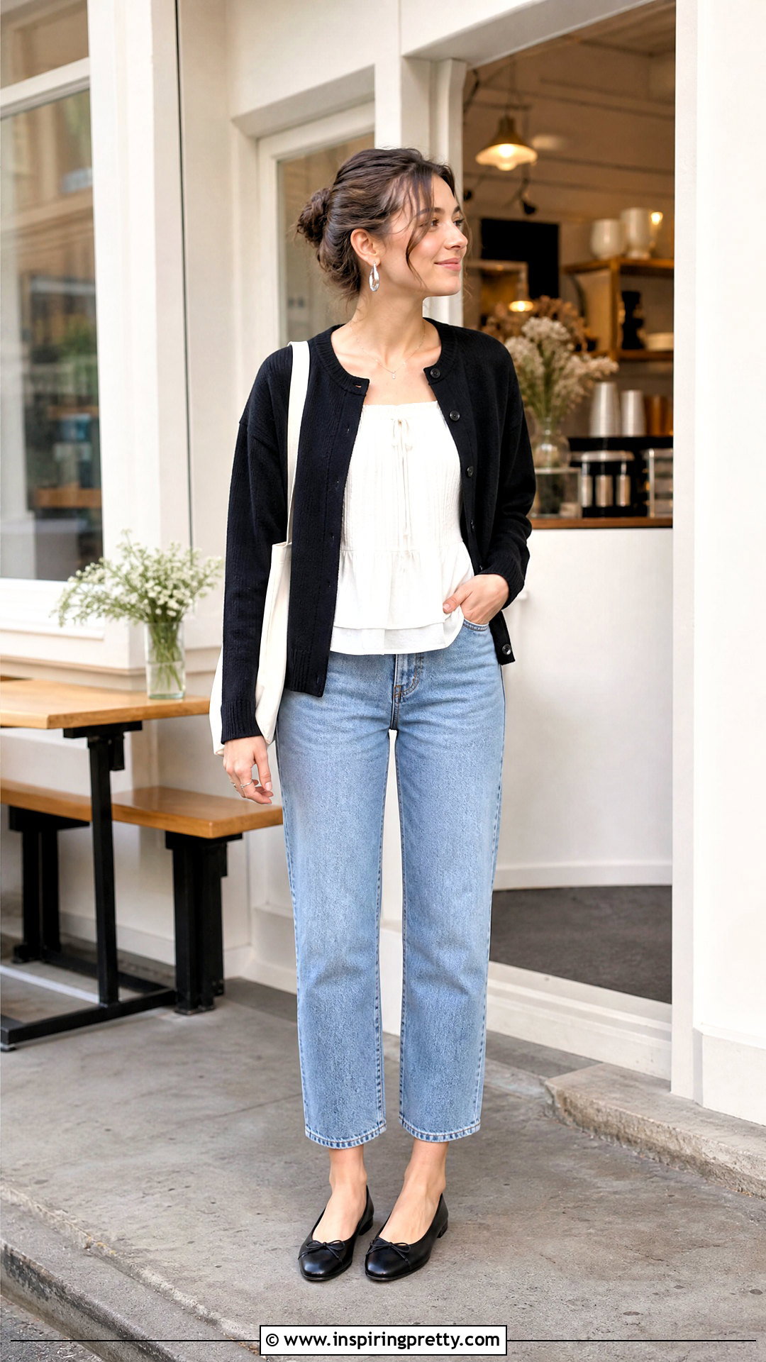 Black And White Peasant Top With Cropped Jeans And Cardigan - 20 Black And White Peasant Top outfit ideas