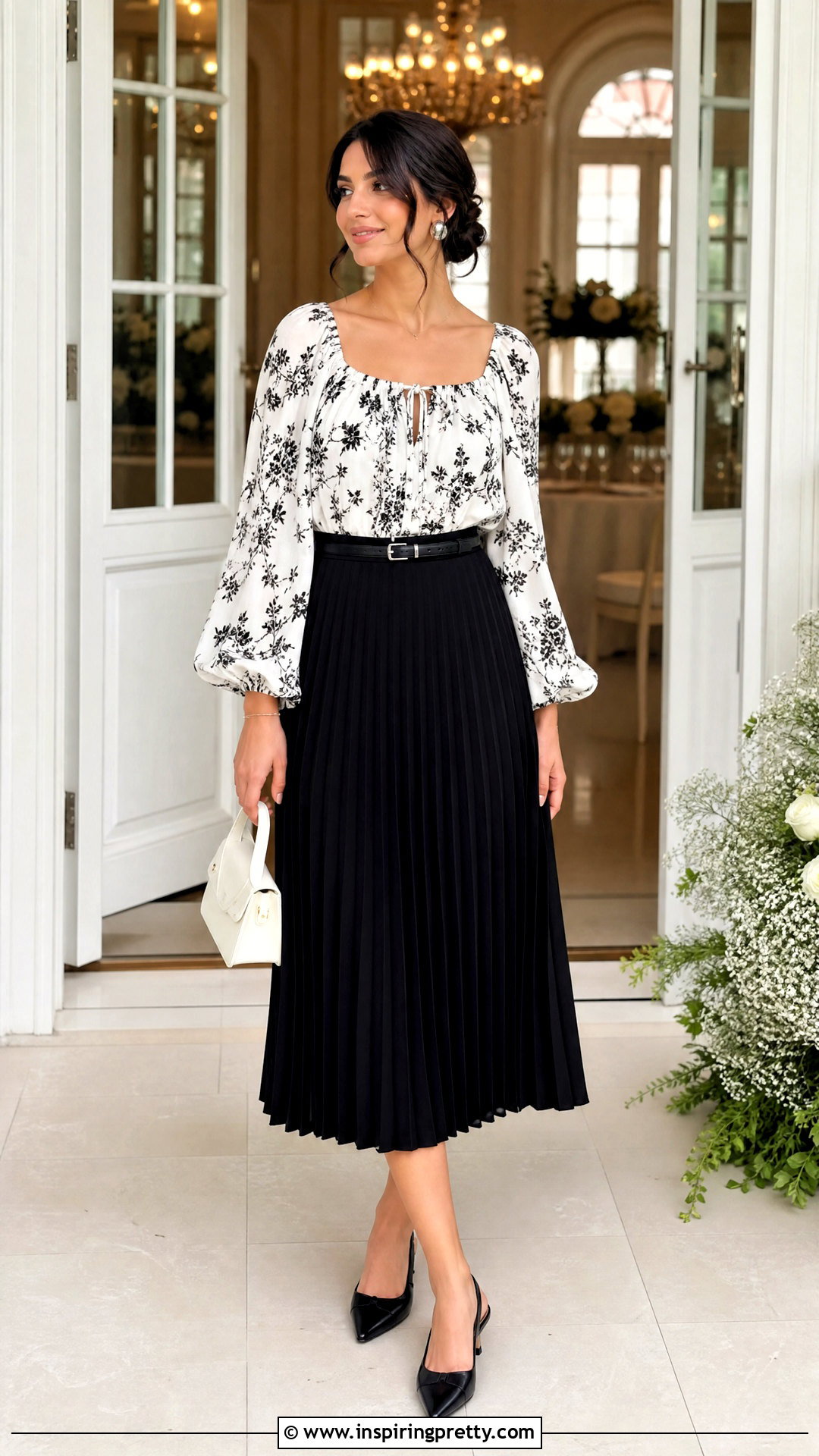 Black And White Peasant Top With Pleated Midi Skirt - 20 Black And White Peasant Top outfit ideas