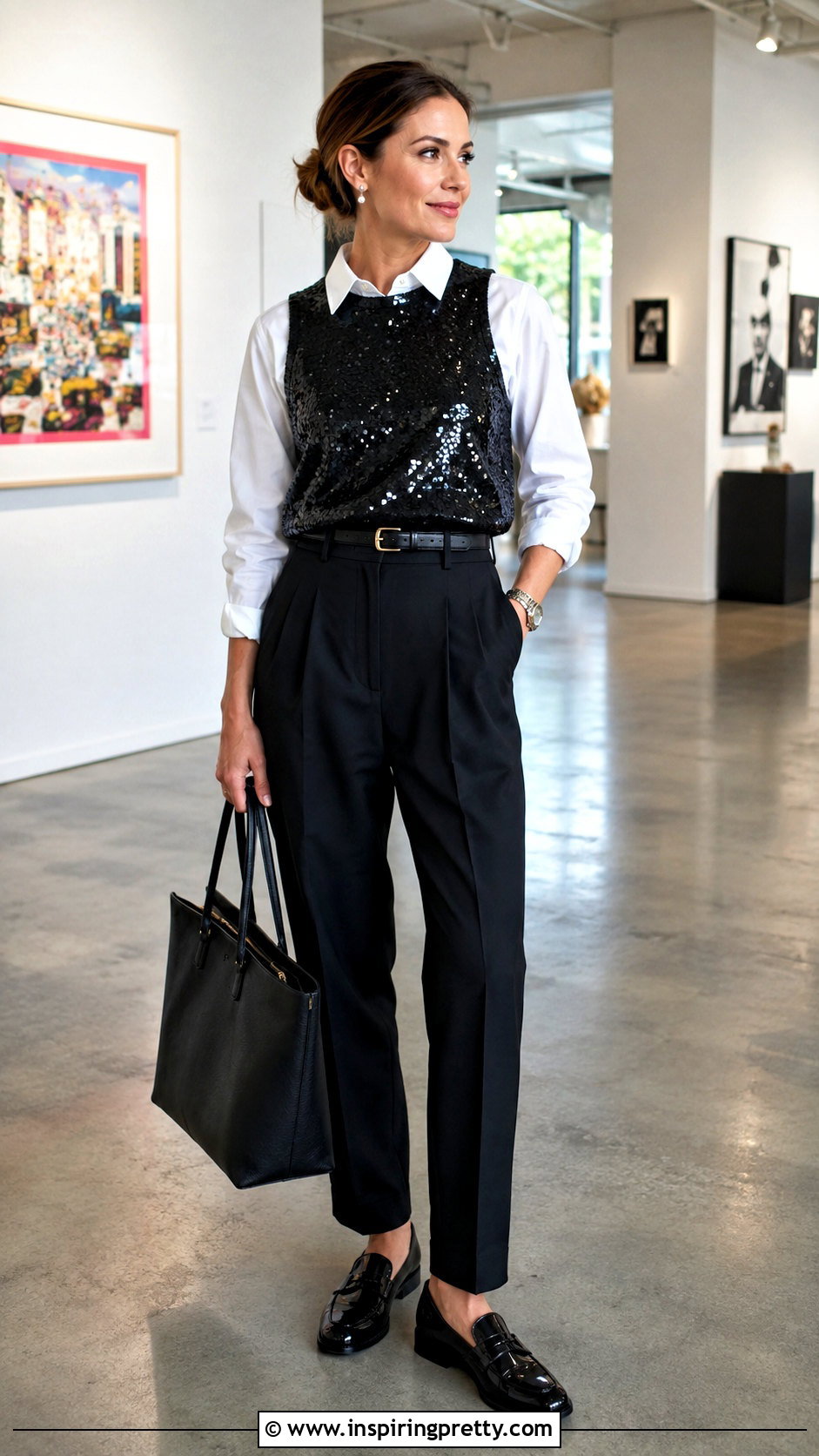 Black And White Sequin Top Over White Button Down Shirt - 20 black and white sequin top outfit ideas