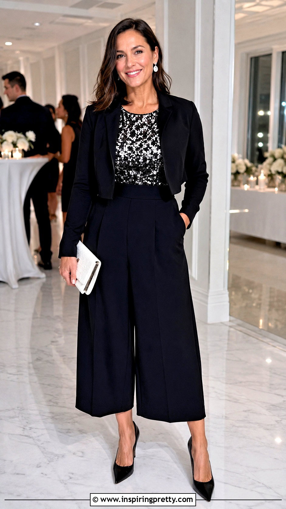 Black And White Sequin Top With Black Culottes - 20 black and white sequin top outfit ideas