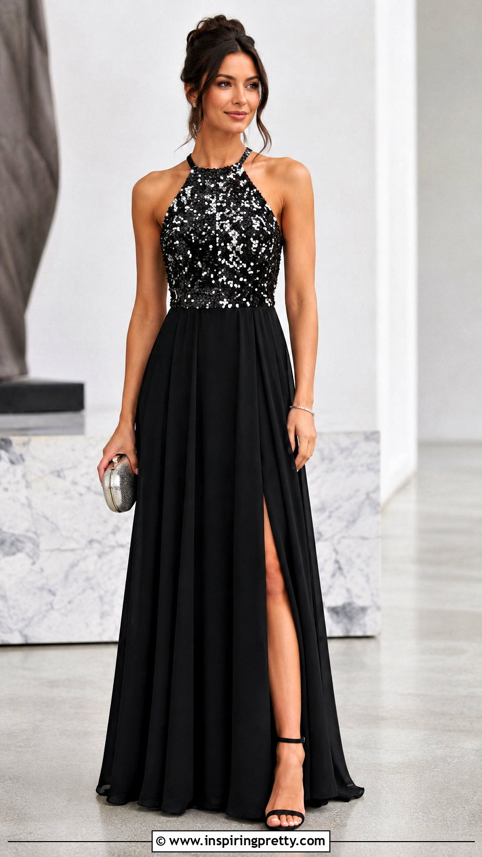 Black And White Sequin Top With Black Maxi Skirt - 20 black and white sequin top outfit ideas