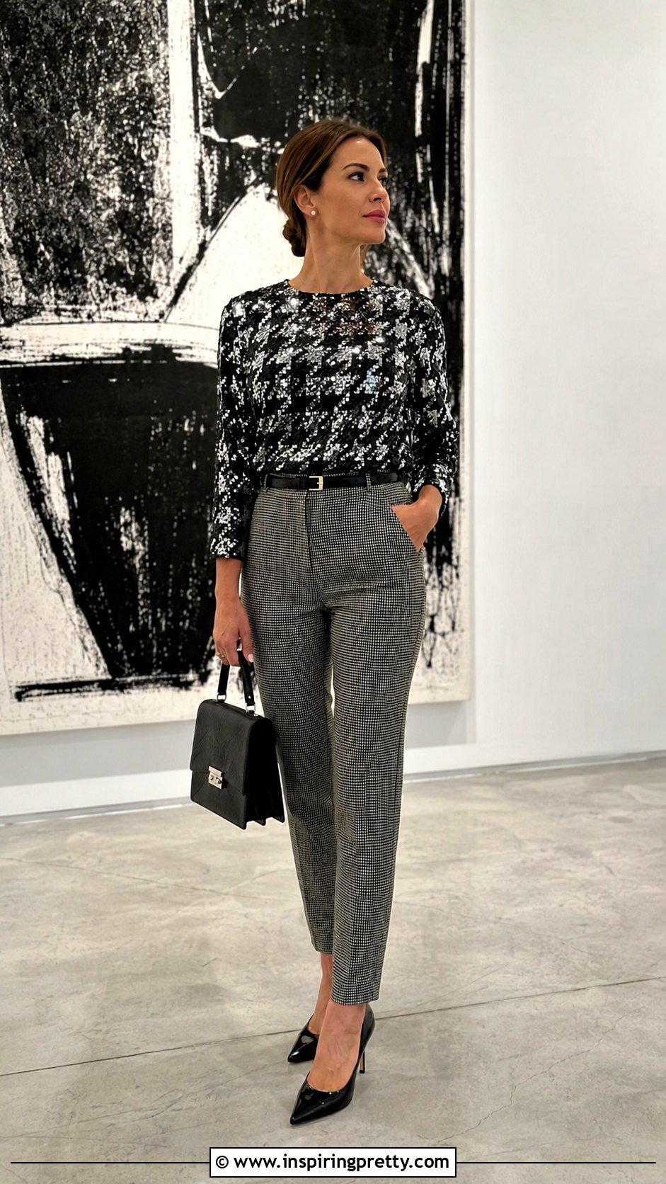 Black And White Sequin Top With Patterned Trousers - 20 black and white sequin top outfit ideas