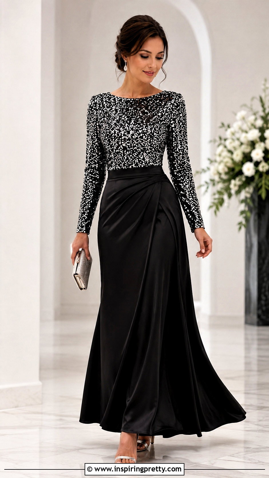 Black And White Sequin Top With Satin Maxi Skirt - 20 black and white sequin top outfit ideas
