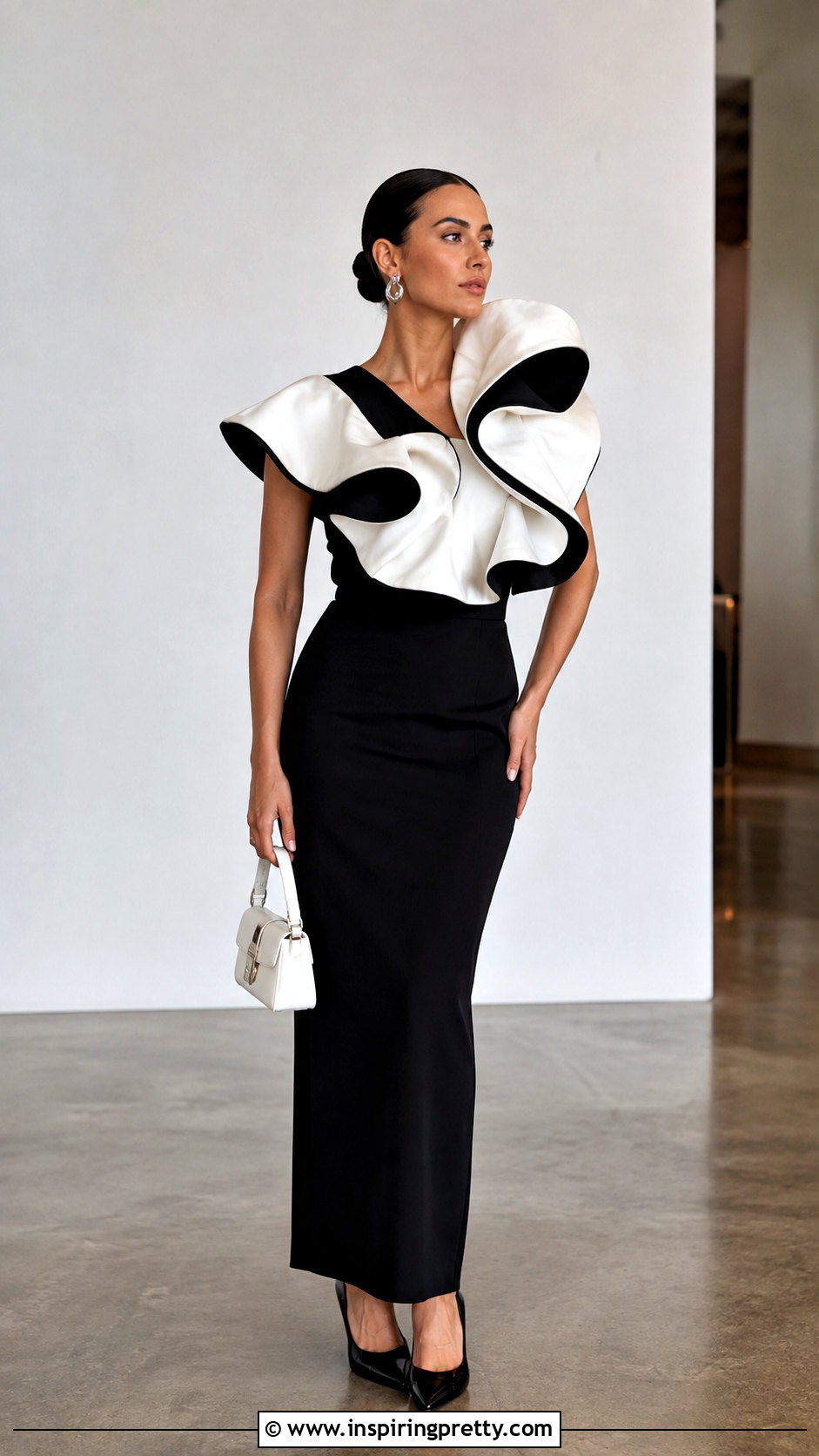 Black And White Statement Top With Black Maxi Skirt - 50 black and white top outfit ideas