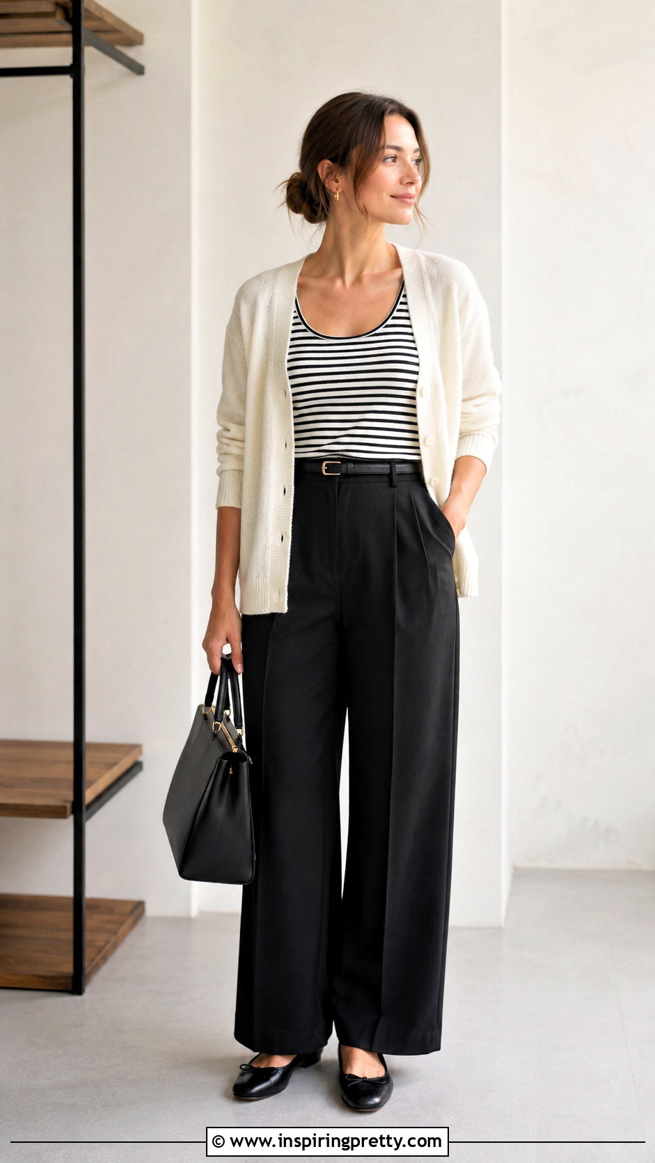 Black And White Striped Tank Top With Cardigan And Trousers - 25 Black And White Striped Tank Top Outfit Ideas