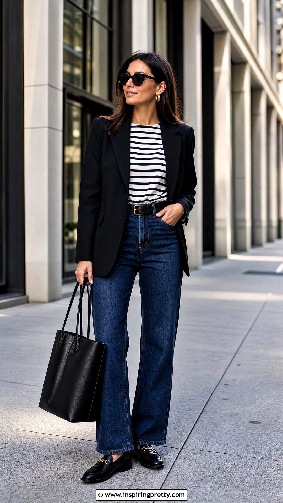 Black And White Striped Top With Black Blazer And Jeans - 50 Black And White Striped Top Outfit ideas
