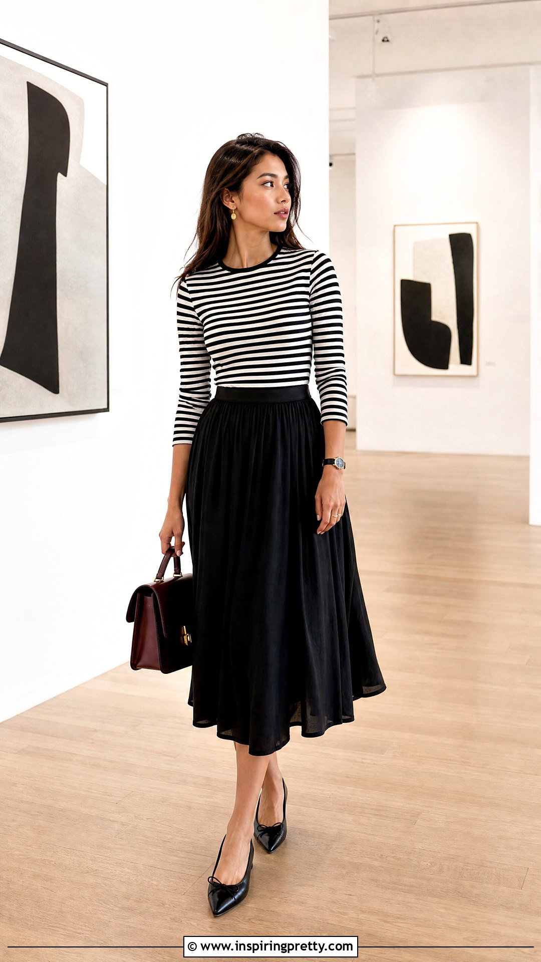 Black And White Striped Top With Black Midi Skirt - 50 stripes top outfit ideas