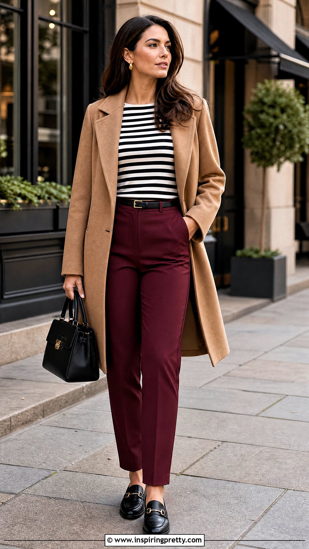 Black And White Striped Top With Burgundy Pants - 50 Black And White Striped Top Outfit ideas