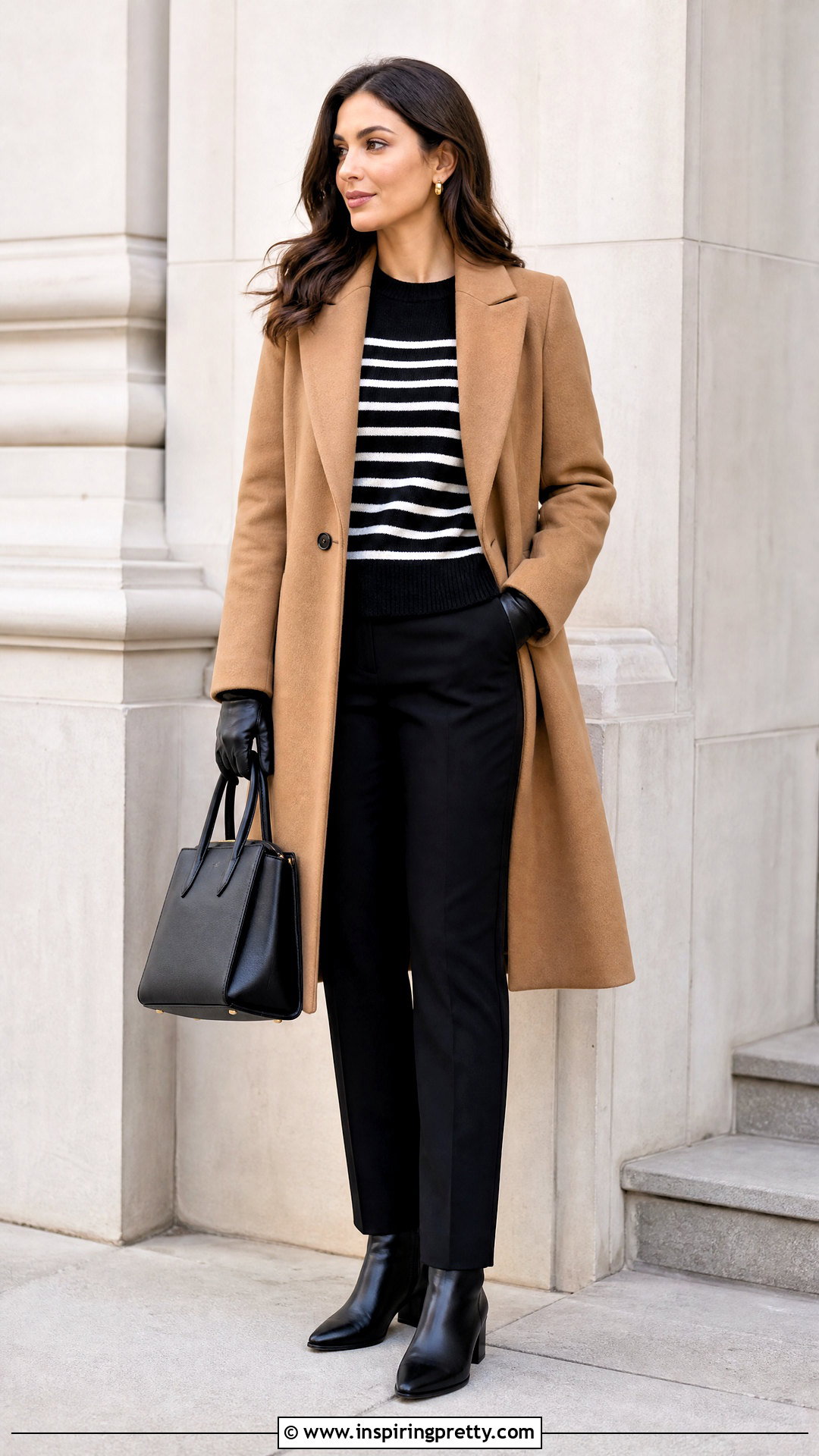 Black And White Striped Top With Camel Coat - 50 Black And White Striped Top Outfit ideas