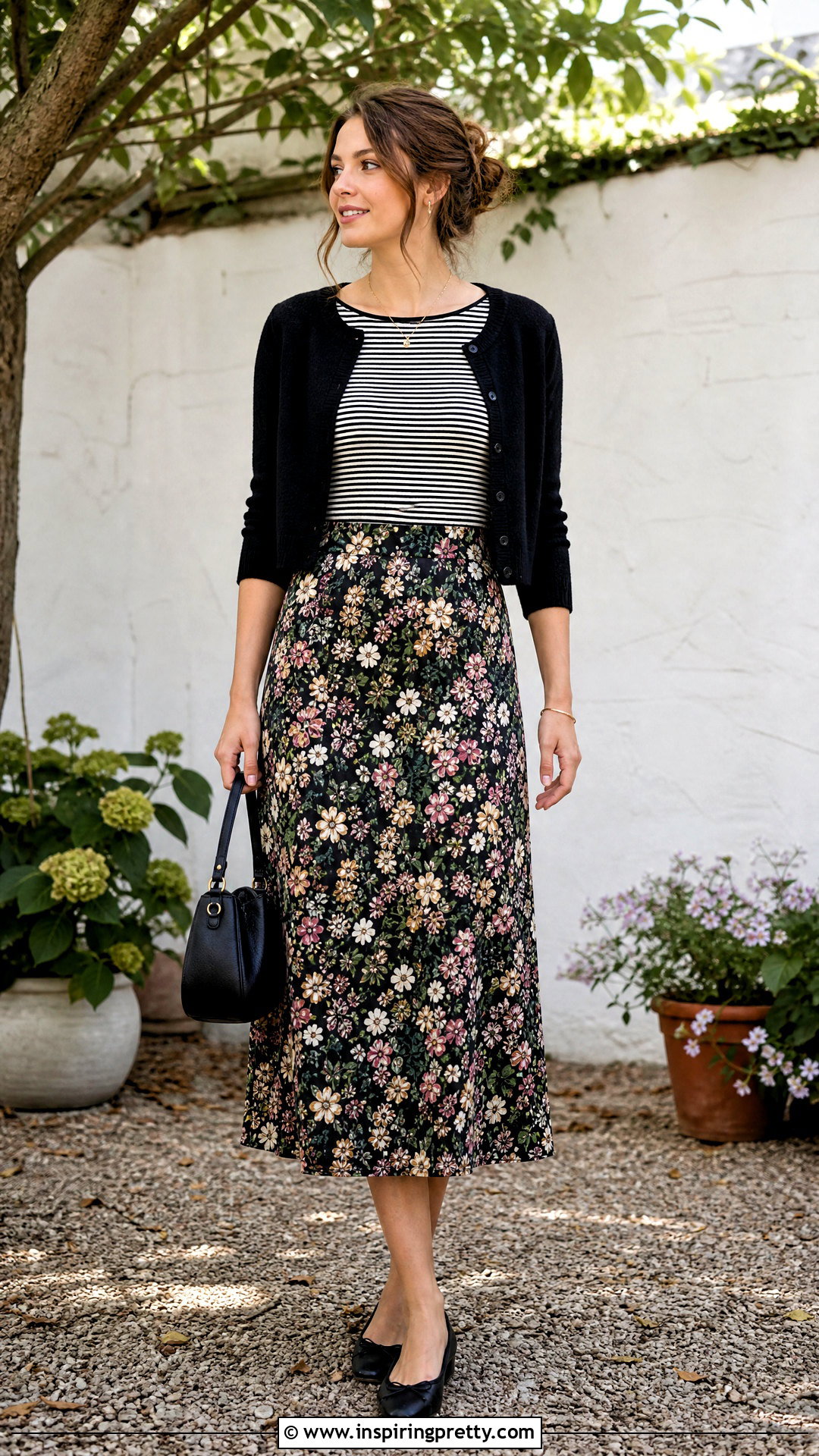 Black And White Striped Top With Floral Skirt - 50 Black And White Striped Top Outfit ideas