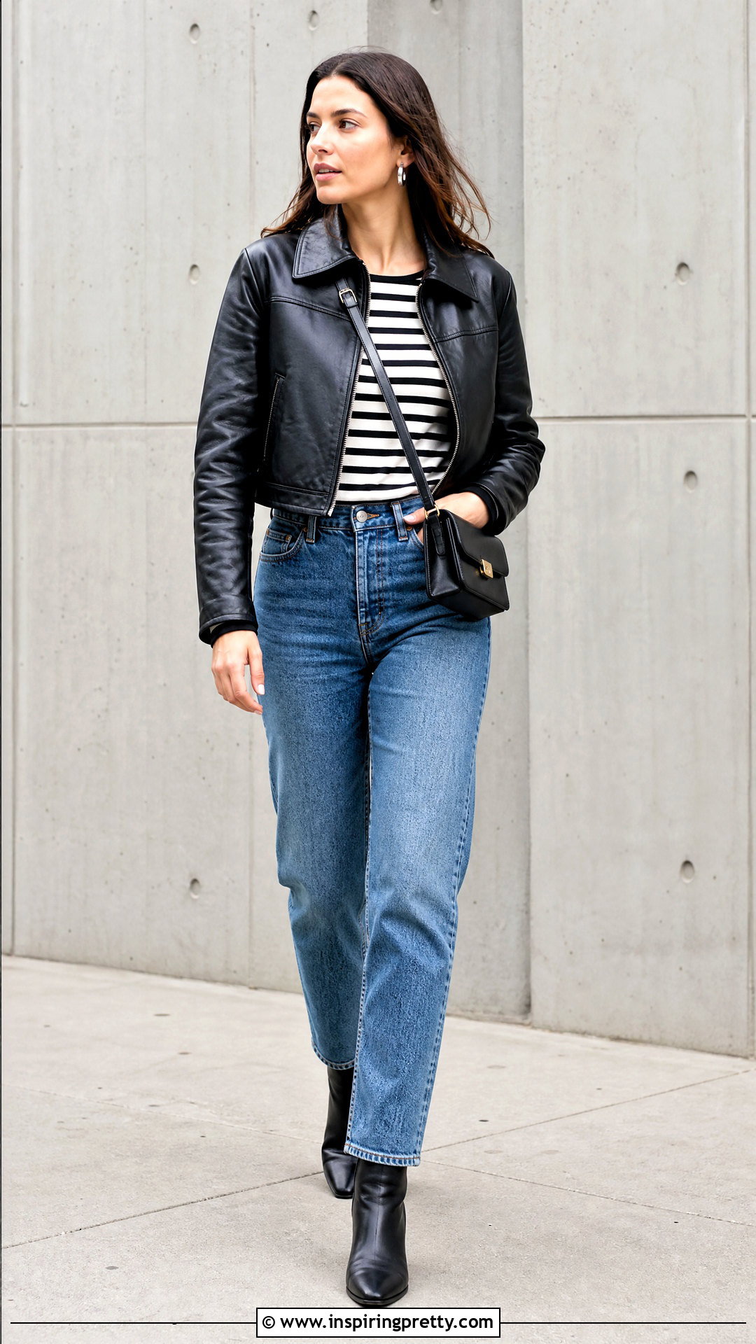 Black And White Striped Top With Leather Jacket - 50 Black And White Striped Top Outfit ideas