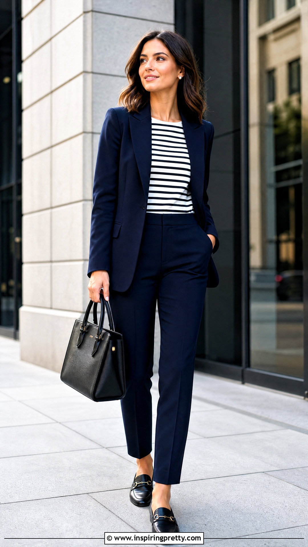 Black And White Striped Top With Navy Pants - 50 Black And White Striped Top Outfit ideas