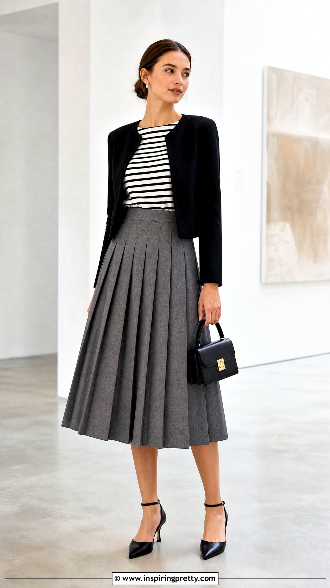 Black And White Striped Top With Pleated Skirt - 50 Black And White Striped Top Outfit ideas