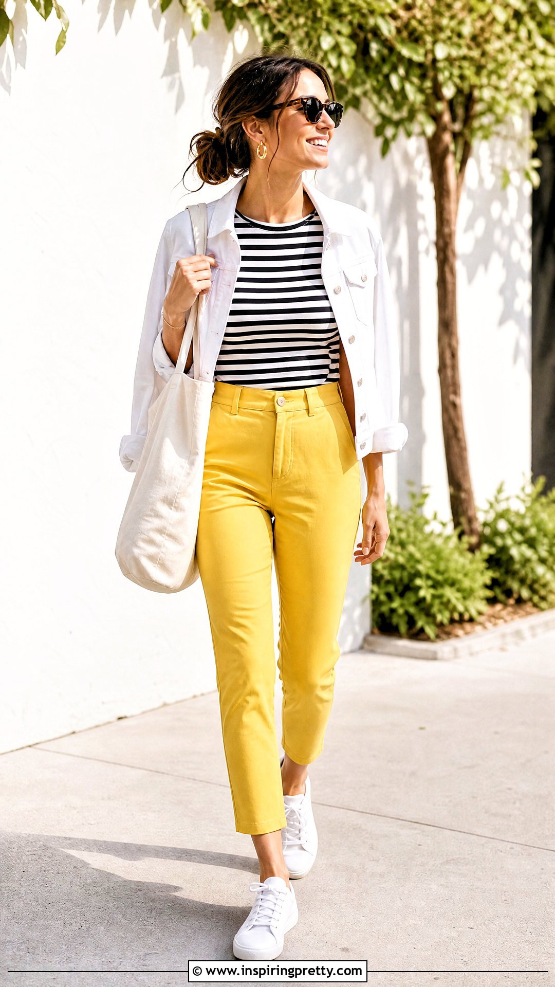 Black And White Striped Top With Yellow Pants - 50 Black And White Striped Top Outfit ideas