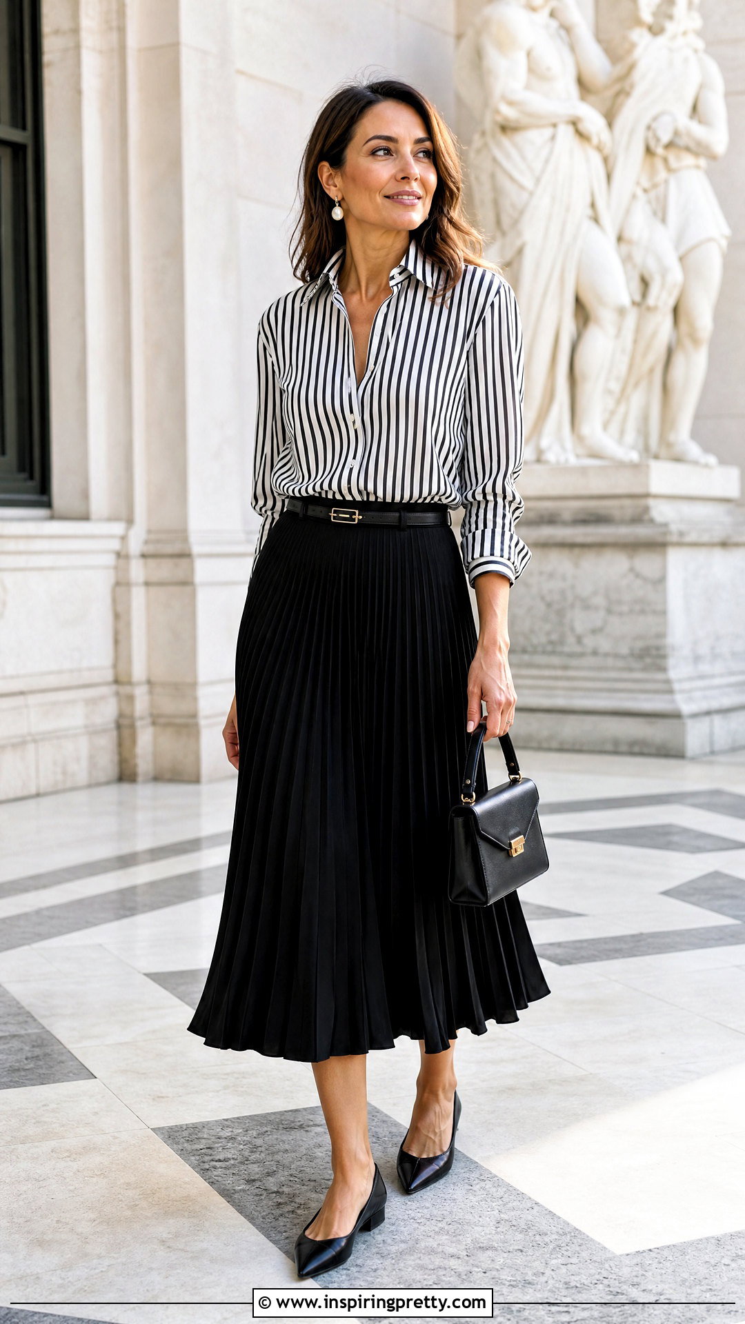 Black And White Vertical Striped Top With A Black Midi Skirt - 20 black and white vertical striped top outfit ideas