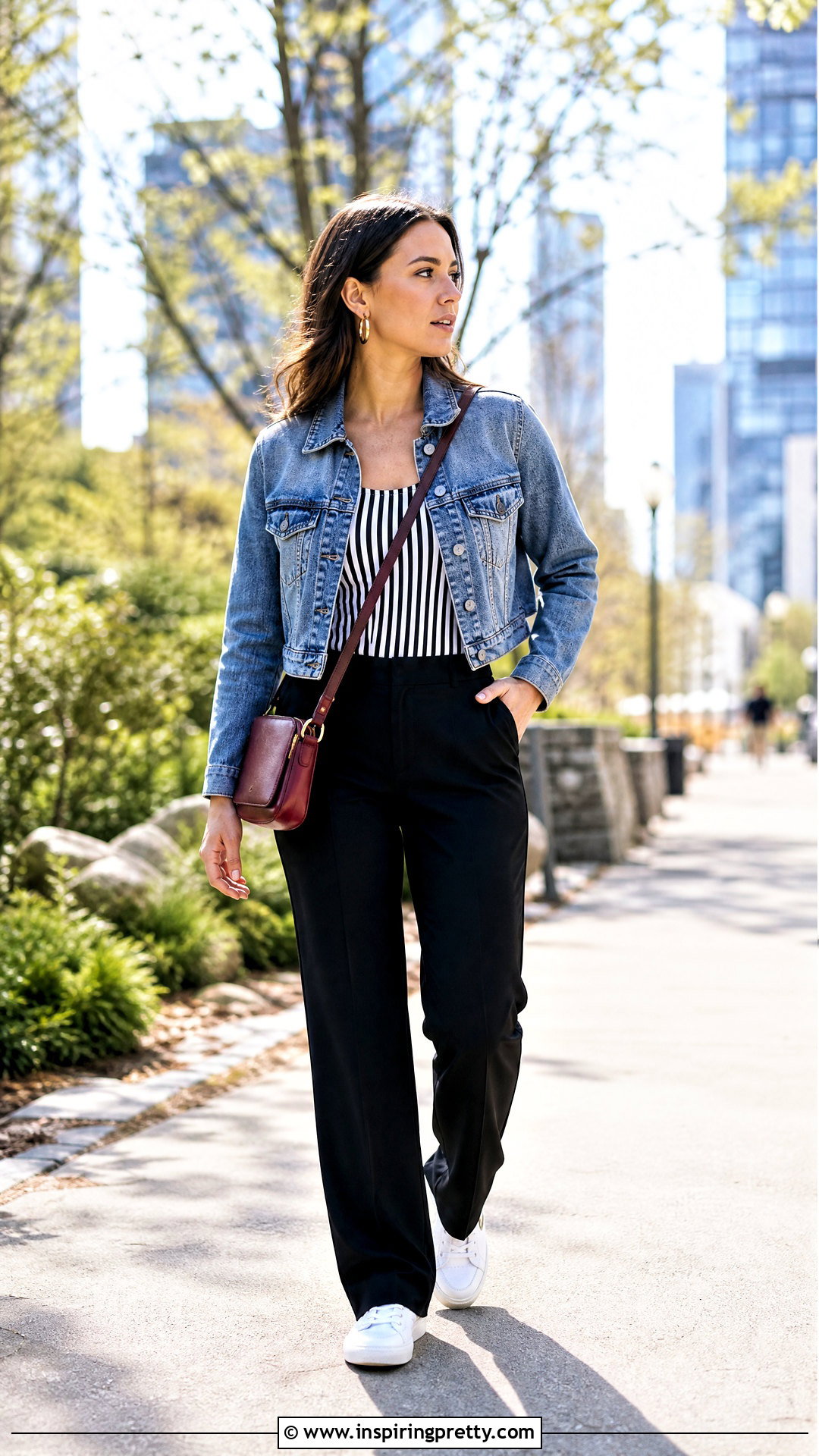 Black And White Vertical Striped Top With A Denim Jacket - 20 black and white vertical striped top outfit ideas