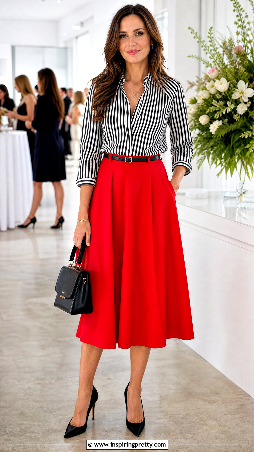 Black And White Vertical Striped Top With A Red Skirt - 20 black and white vertical striped top outfit ideas