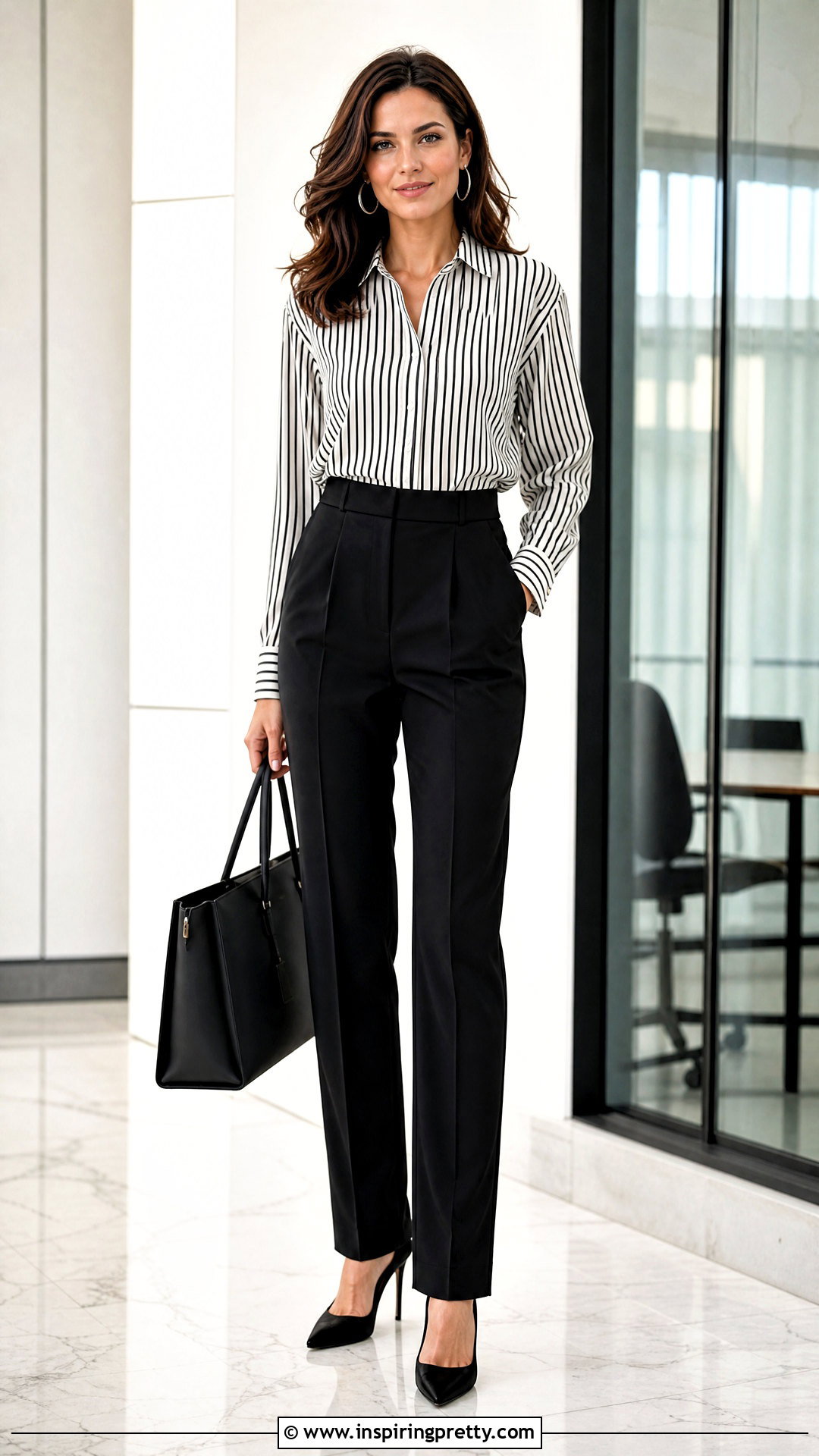 Black And White Vertical Striped Top With Black Trousers - 20 black and white vertical striped top outfit ideas