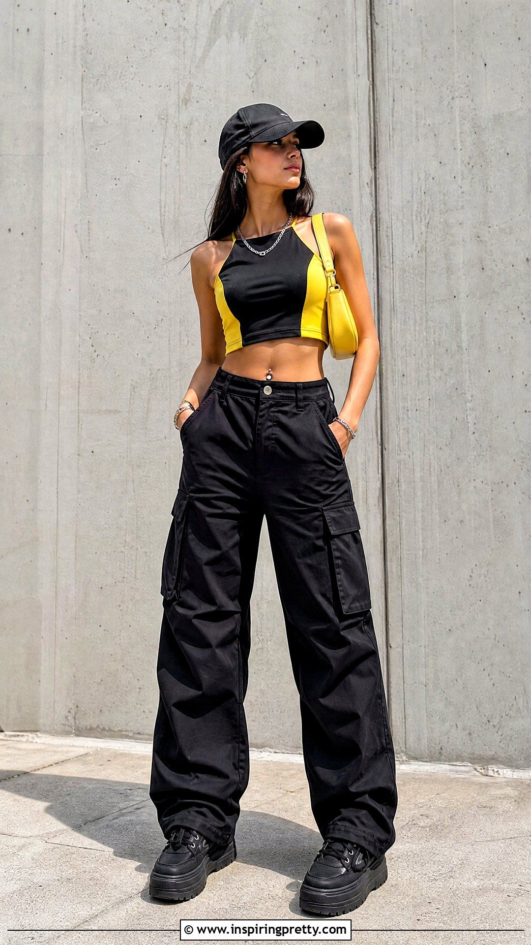 Black And Yellow Crop Top With Black Cargo Pants - 25 Black And Yellow Crop Top outfit ideas