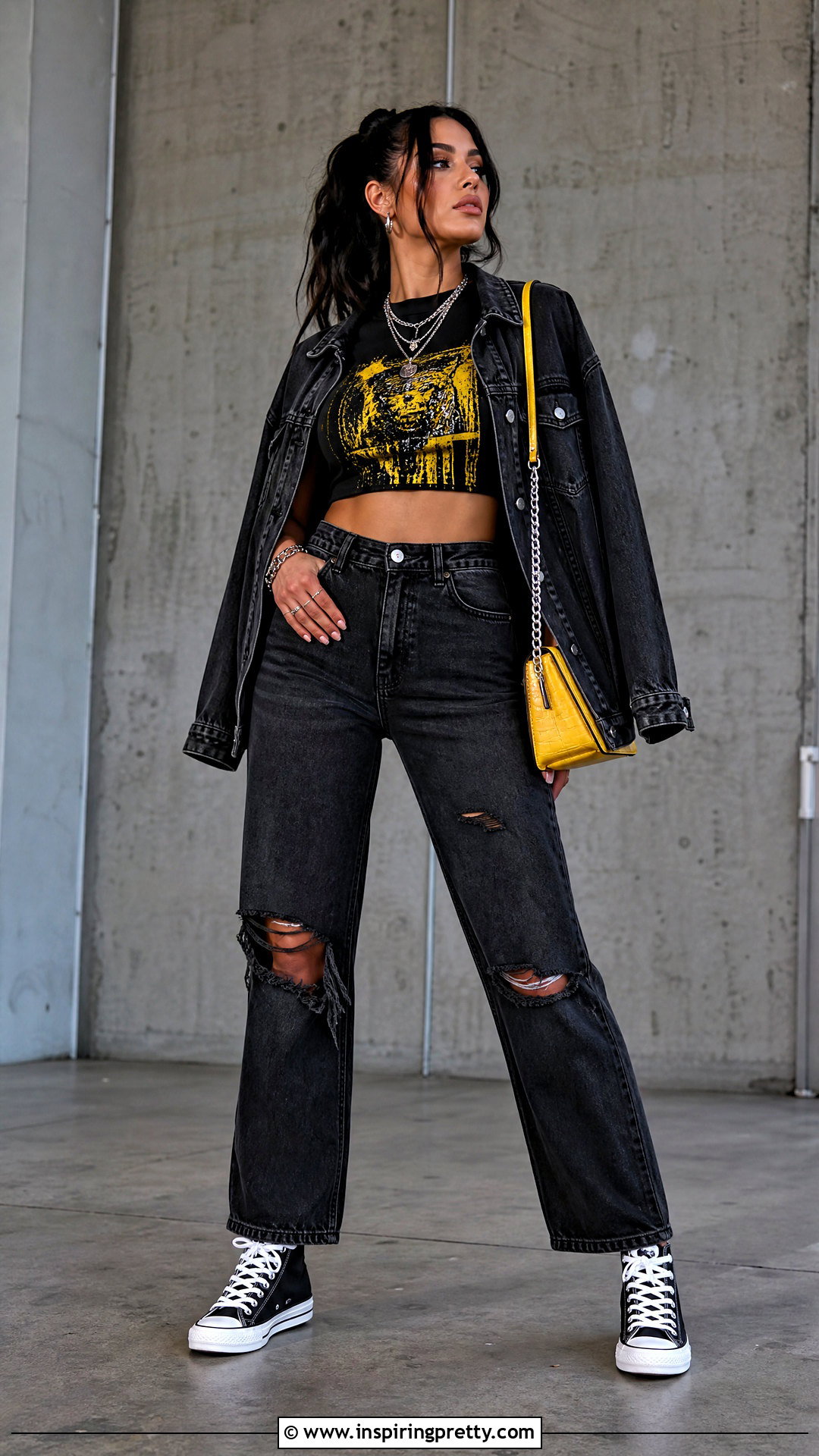 Black And Yellow Crop Top With Distressed Black Jeans - 25 Black And Yellow Crop Top outfit ideas
