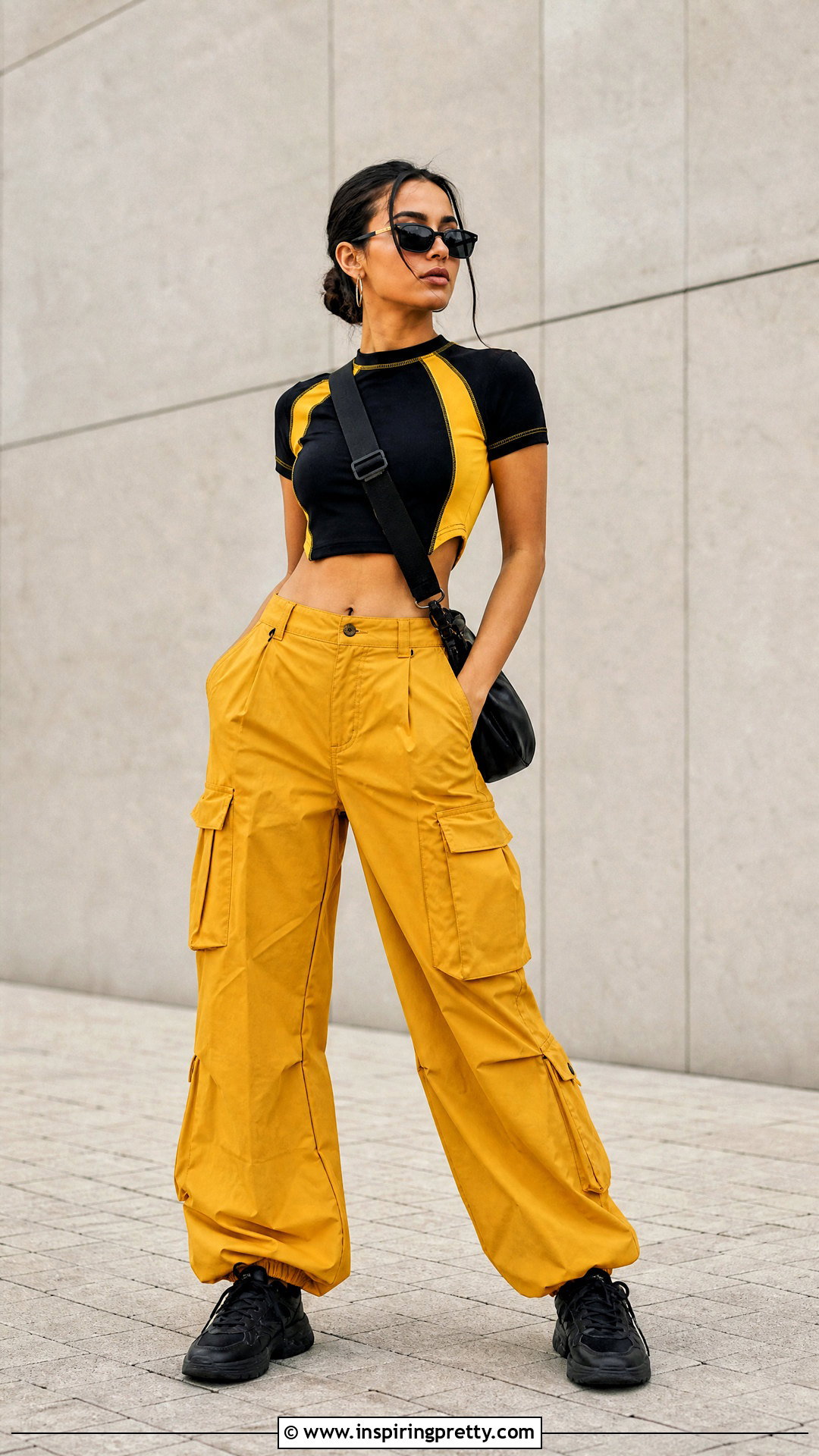 Black And Yellow Crop Top With Yellow Cargo Pants - 25 Black And Yellow Crop Top outfit ideas