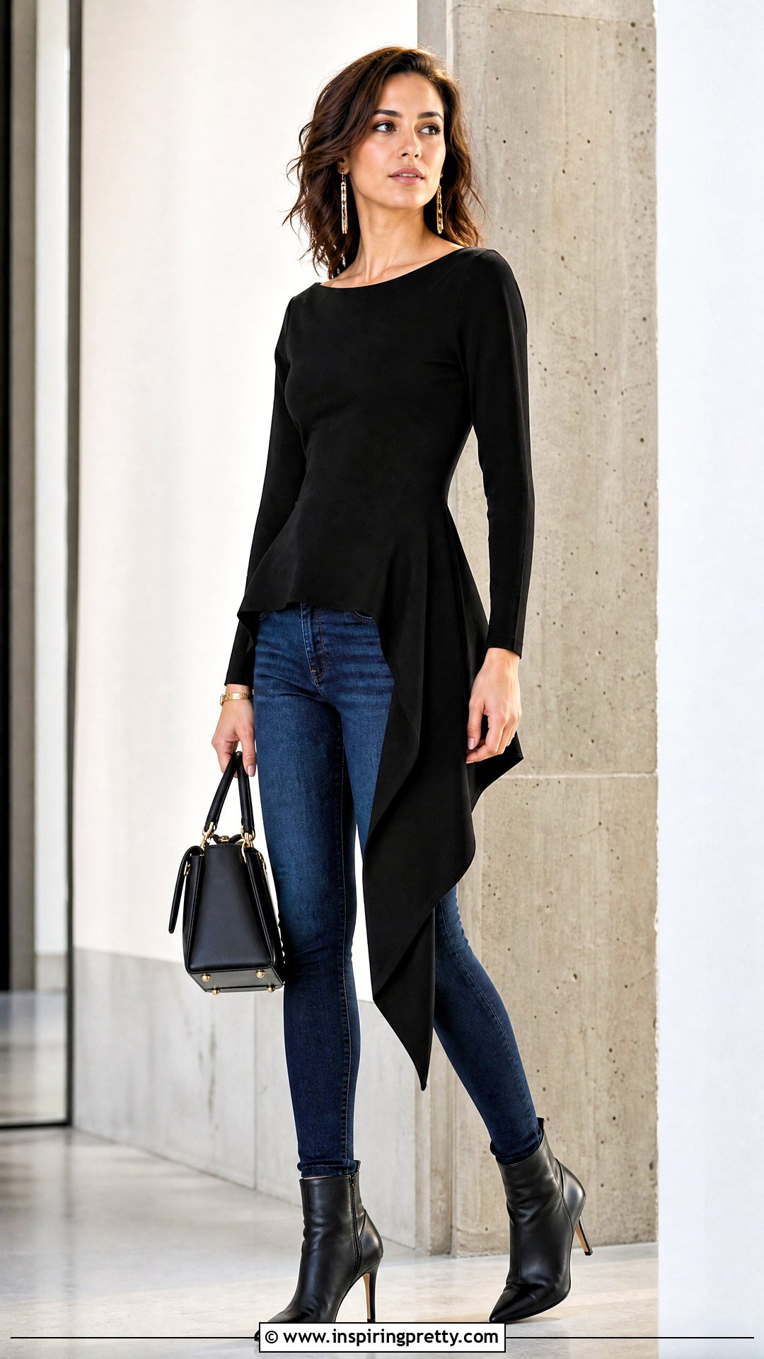 Black Asymmetrical Hem Top With Skinny Jeans And Boots - 50 black top and blue jeans outfit ideas
