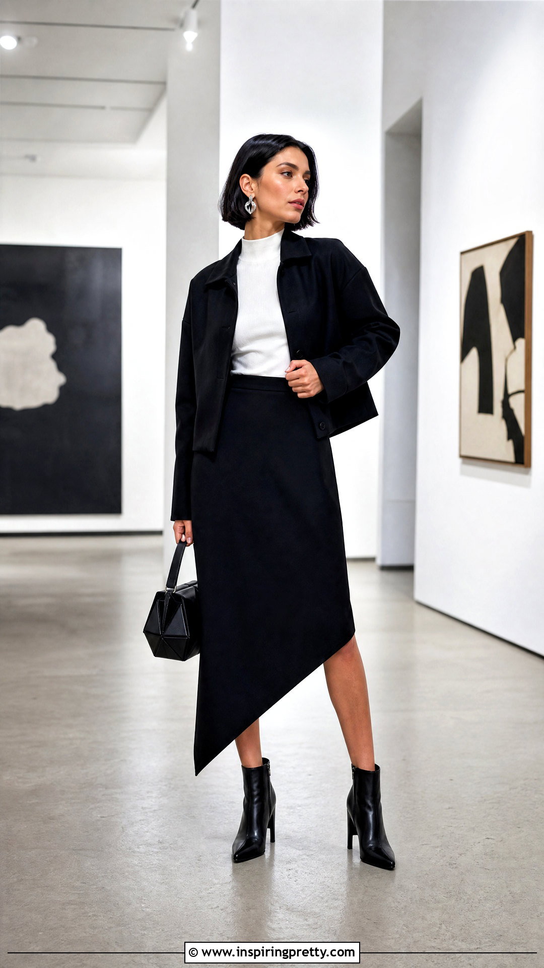Black Asymmetrical Skirt And White Mock Neck Top Outfit - 50 Black Skirt And White Top Outfit ideas