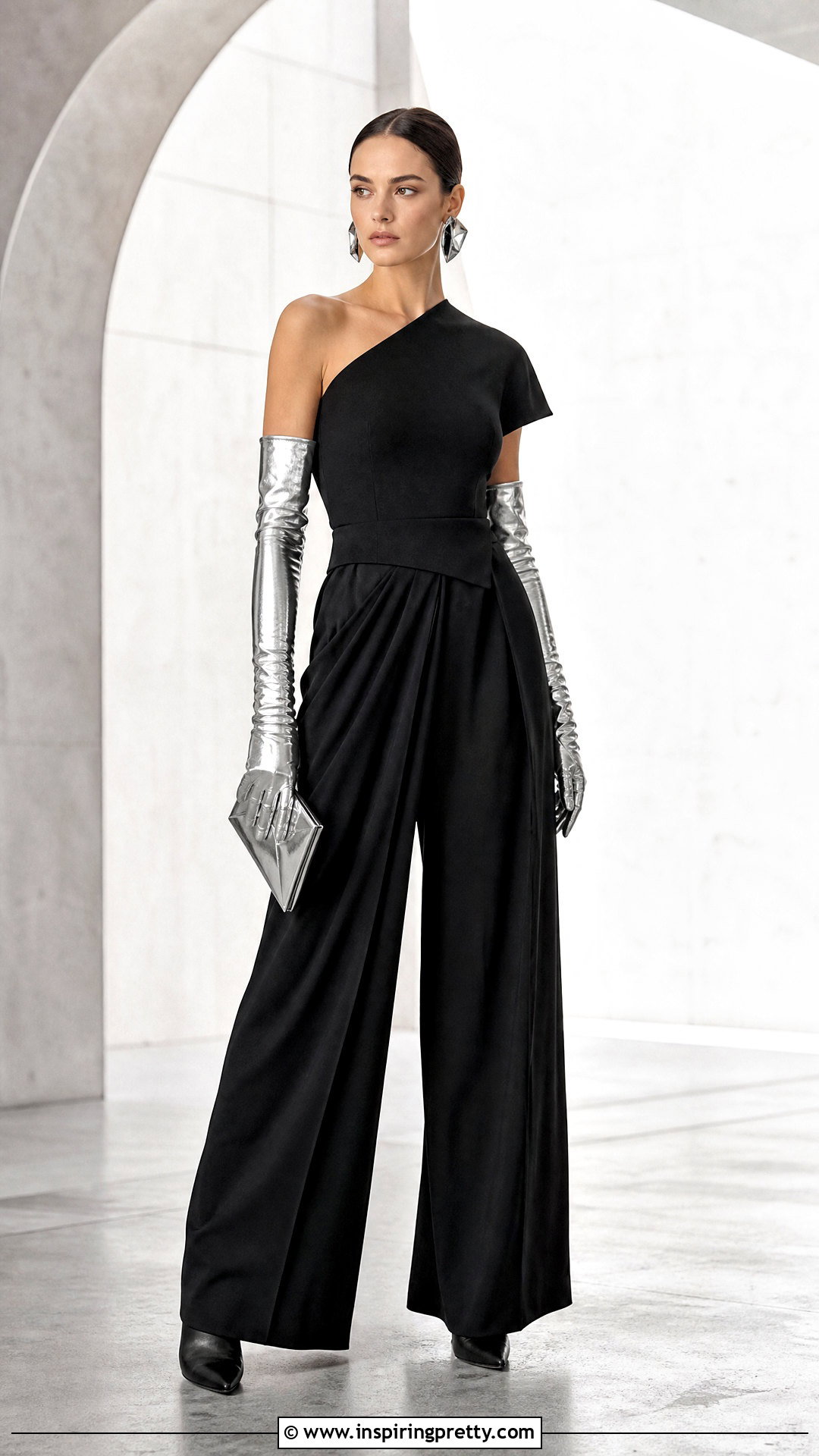 Black Asymmetrical Top With Silver Gloves And Maxi Pants - 25 Black Top With Gloves