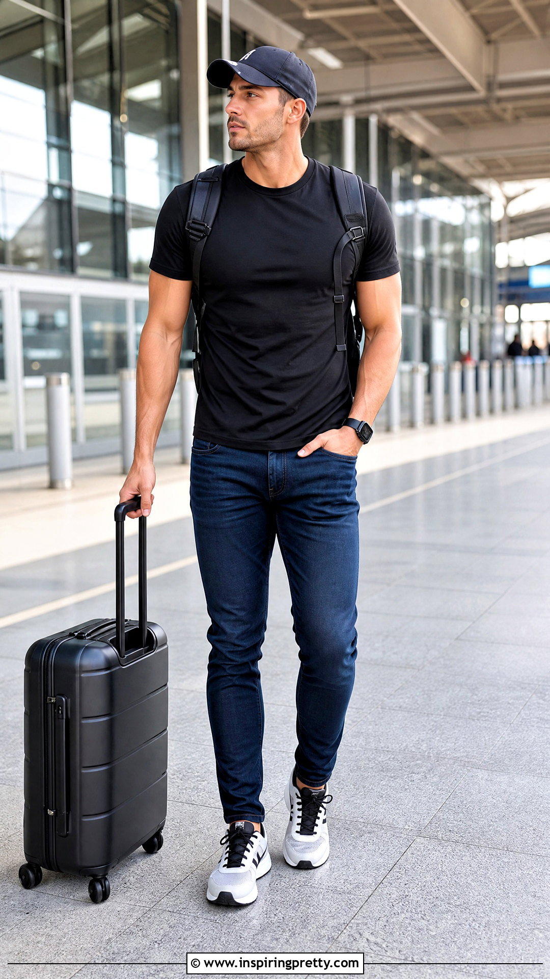 Black Athletic T Shirt With Tapered Jeans And Running Shoes - 25 Black Top With Jeans Men
