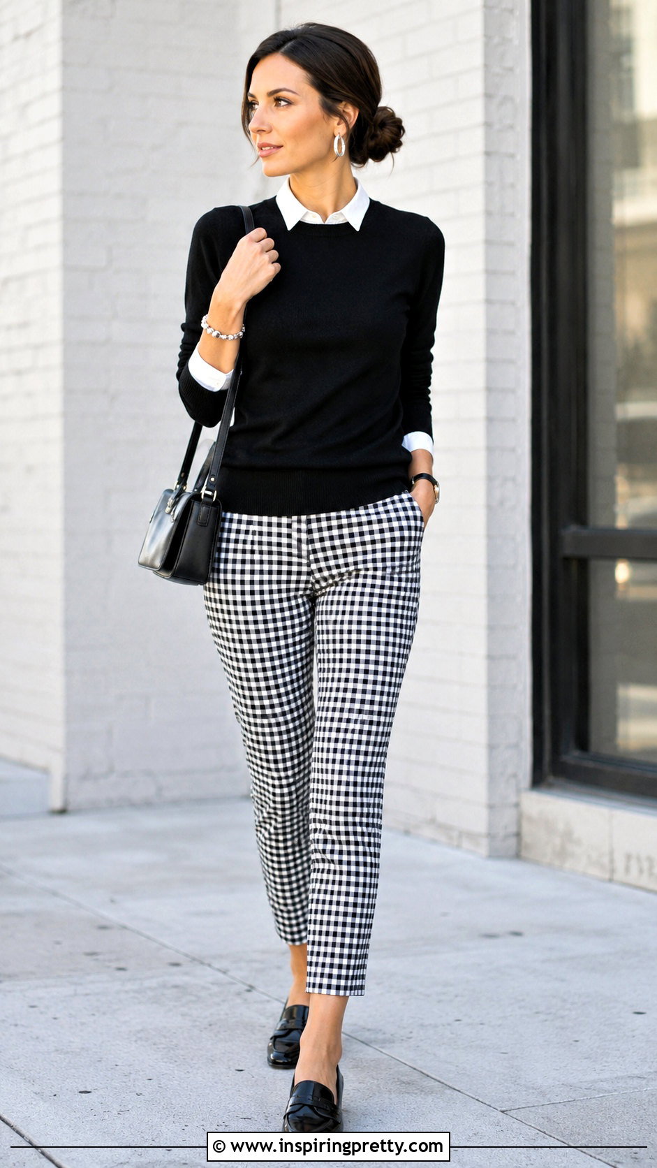Black Audrey Hepburn Sweater With Gingham Pants - 25 Audrey Hepburn Tops outfit ideas
