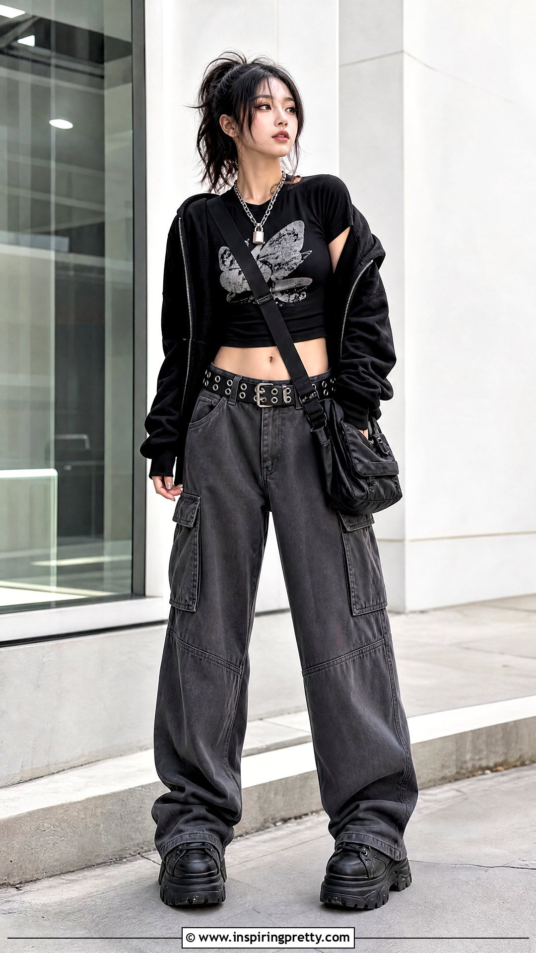 Black Baby Tee And Cargo Pants Emo Outfit - 50 emo top outfit ideas