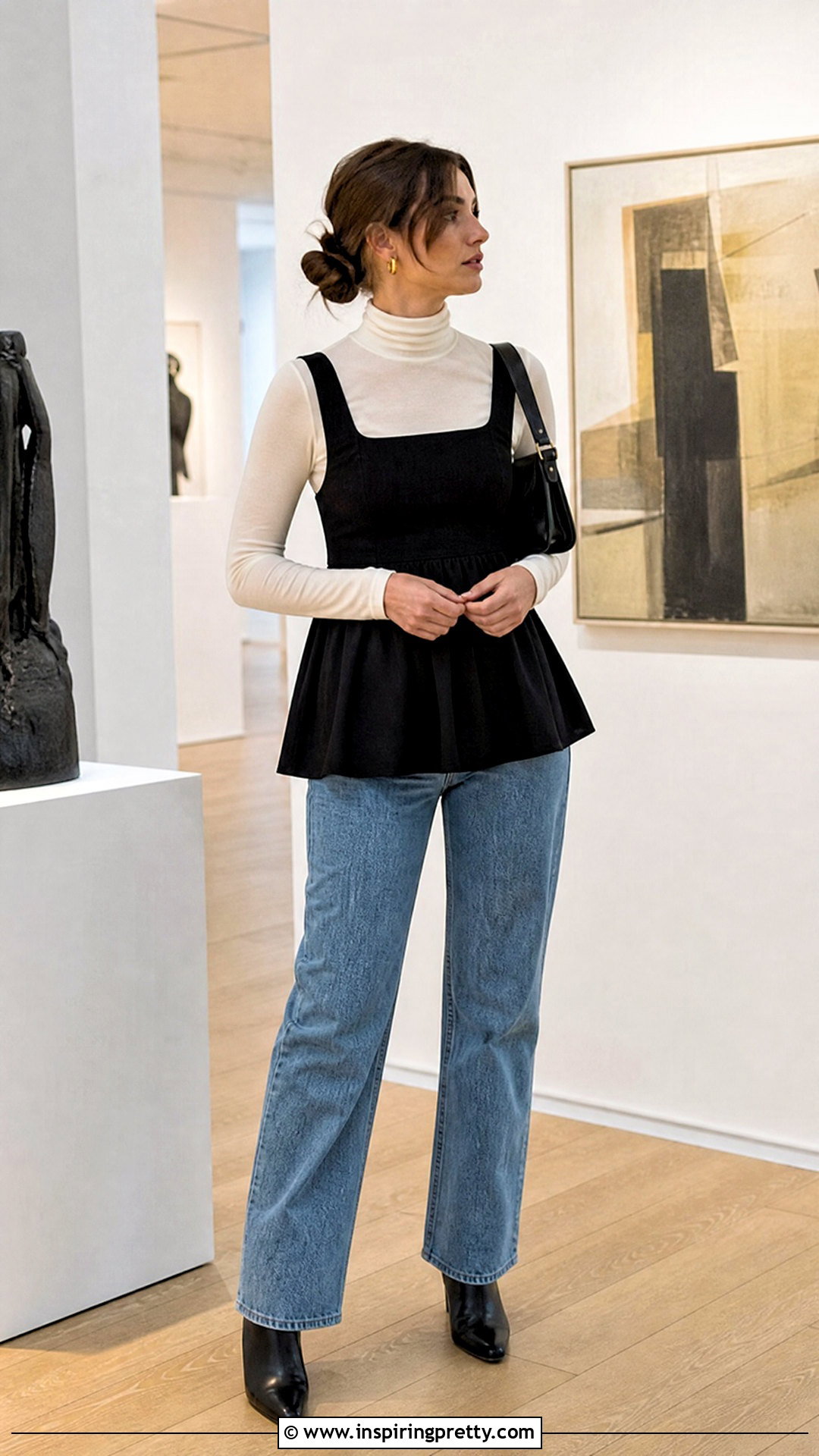 Black Babydoll Top With A Turtleneck And Jeans - 50 black babydoll top outfit ideas