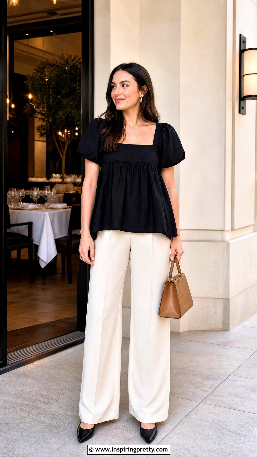 Black Babydoll Top With Cream Wide Leg Pants - 50 black babydoll top outfit ideas