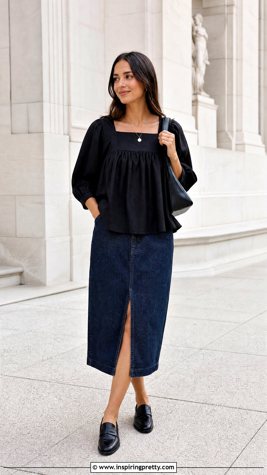 Black Babydoll Top With Denim Midi Skirt - 50 black babydoll top outfit ideas