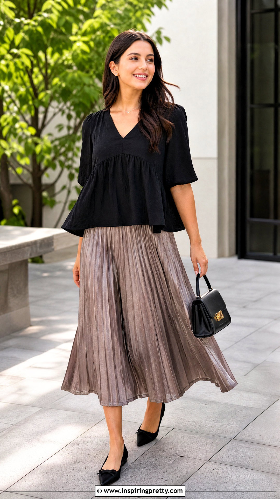 Black Babydoll Top With Pleated Midi Skirt - 50 black babydoll top outfit ideas