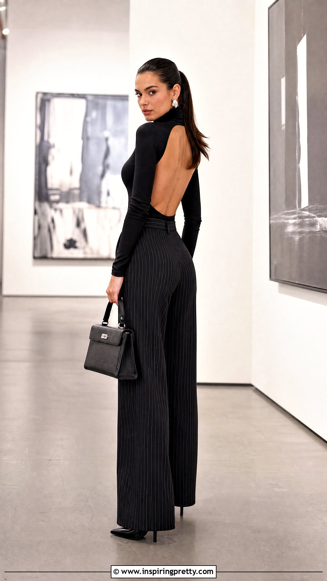 Black Backless Top With Pinstripe Pants - 50 black backless top outfit ideas