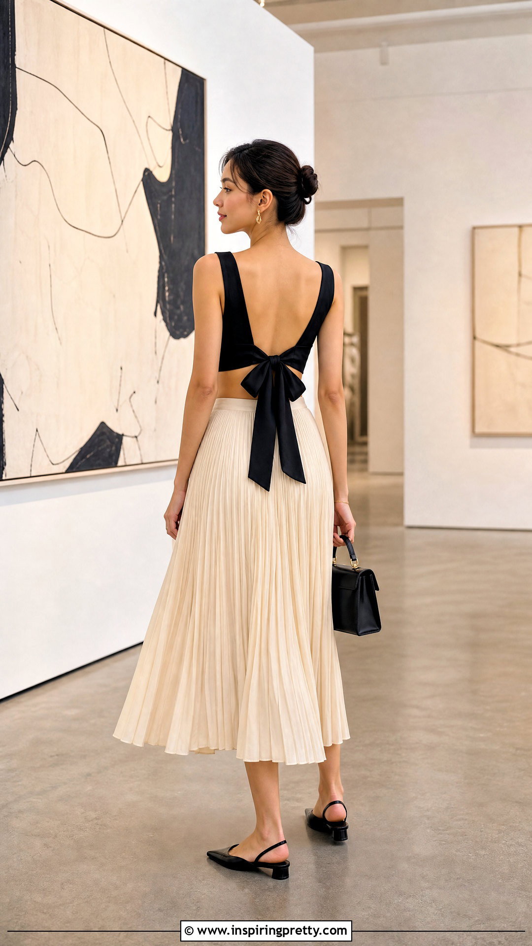 Black Backless Top With Pleated Midi Skirt - 50 black backless top outfit ideas