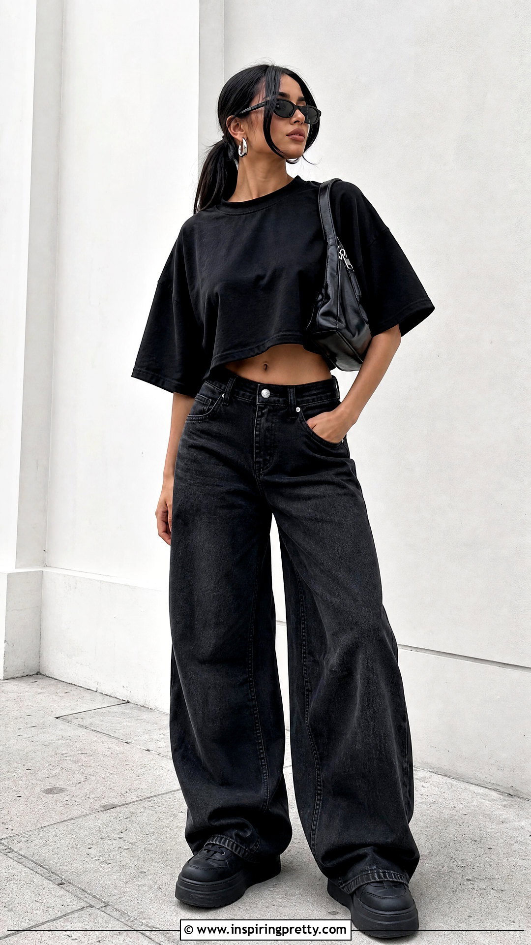 Black Baggy Crop Top With Black Jeans - 50 baggy crop top outfit ideas