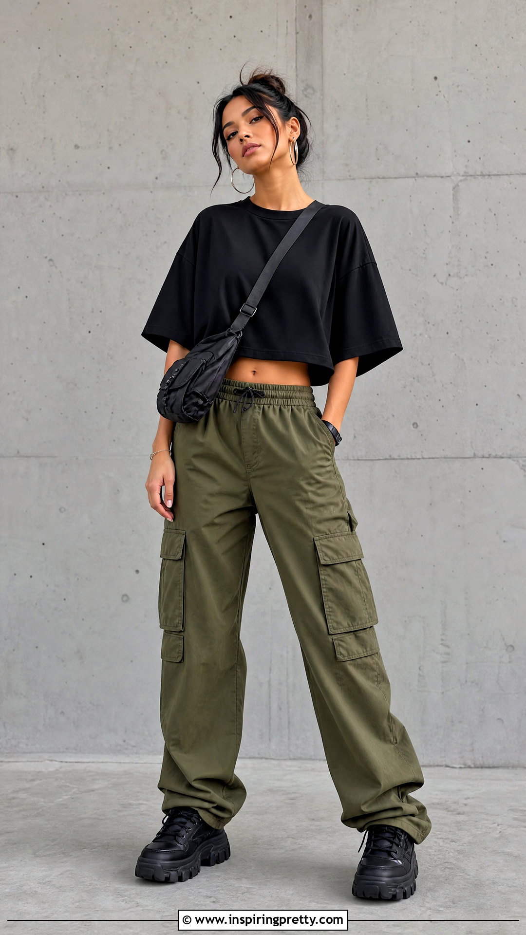 Black Baggy Crop Top With Olive Cargo Pants - 50 baggy crop top outfit ideas