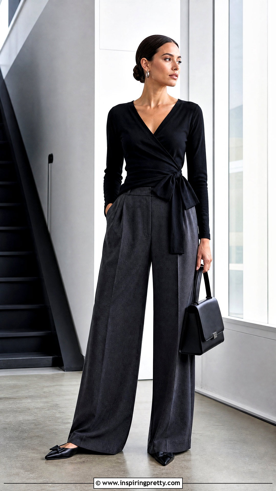 Black Ballerina Top With Wide Leg Trousers - 25 Ballerina Style Top outfit ideas